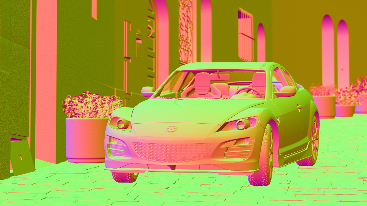 Example normal image obtained using the first diffuse or glossy (non-delta) hit. Note that the normals of perfect specular (delta) transparent surfaces are computed as the Fresnel blend of the reflected and transmitted normals.