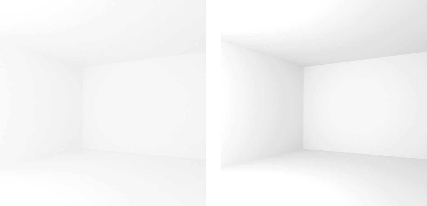 Comparison of diffuse rooms with 100% reflecting white paint (left) and realistic 80% reflecting white paint (right), which leads to higher overall contrast. Note that exposure has been adjusted to achieve similar brightness levels.